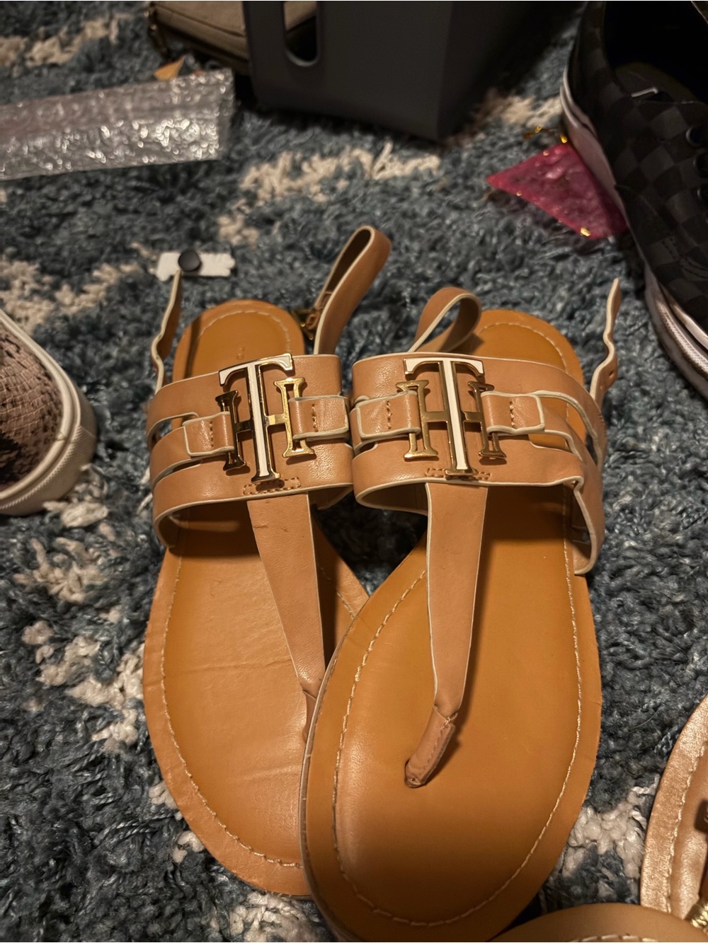 TommyHilfigure Tan  Leather T-Strap Sandals with Gold Hardware